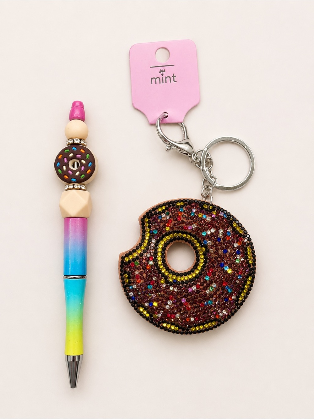 Handmade beaded doughnut, pen Mint Rhinestone Donut Keychain/bag charm